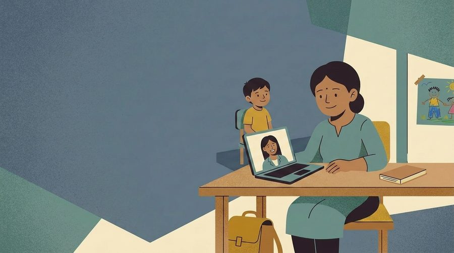 Parent guidance card showing a calm parent-child conversation