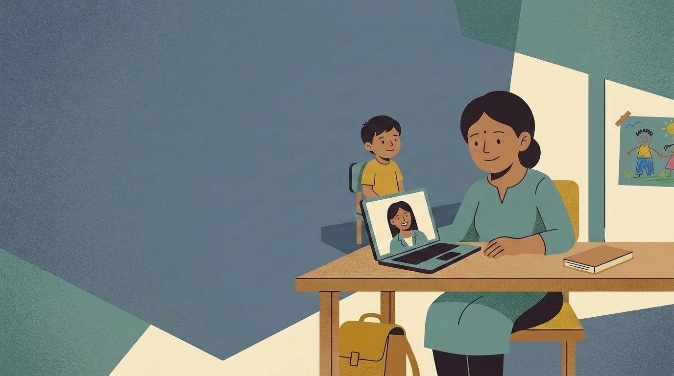 Parent guidance card showing a calm parent-child conversation